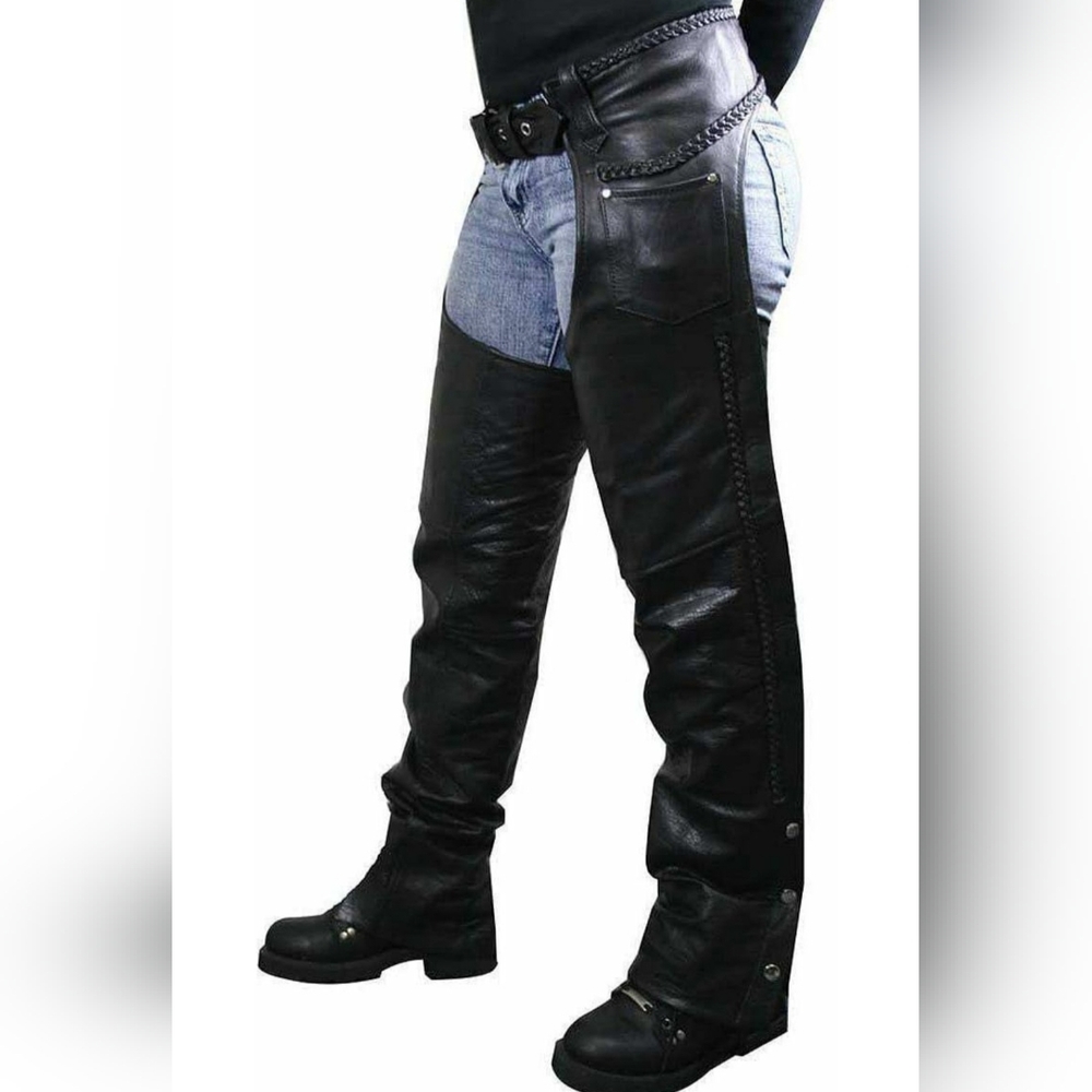 Xelement 7701 Women's Black 'Braided' Leather Motorcycle Chaps Sz 12
